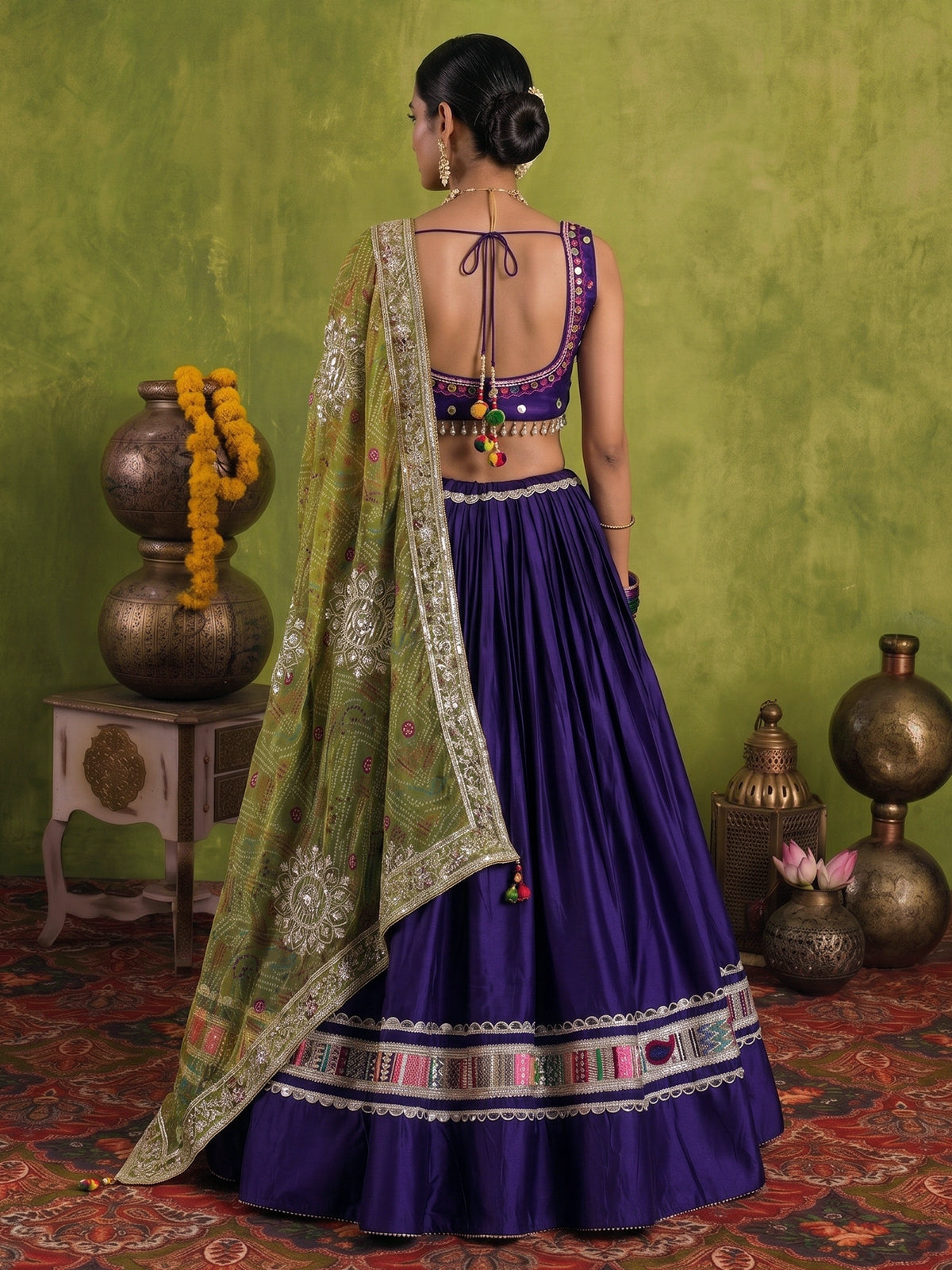 Deep purple cotton silk navratri lehenga choli with bandhani dupatta