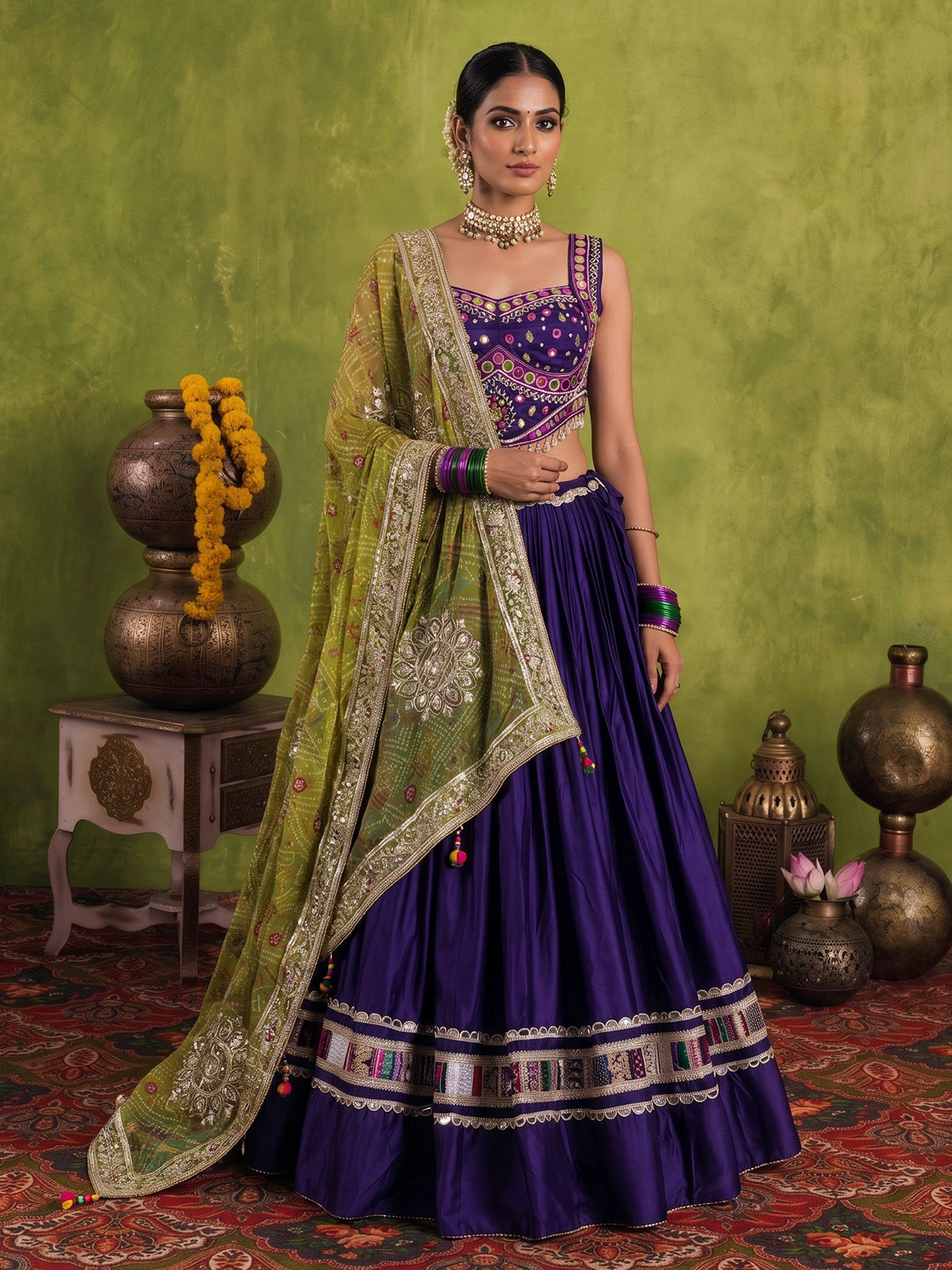 Deep purple cotton silk navratri lehenga choli with bandhani dupatta