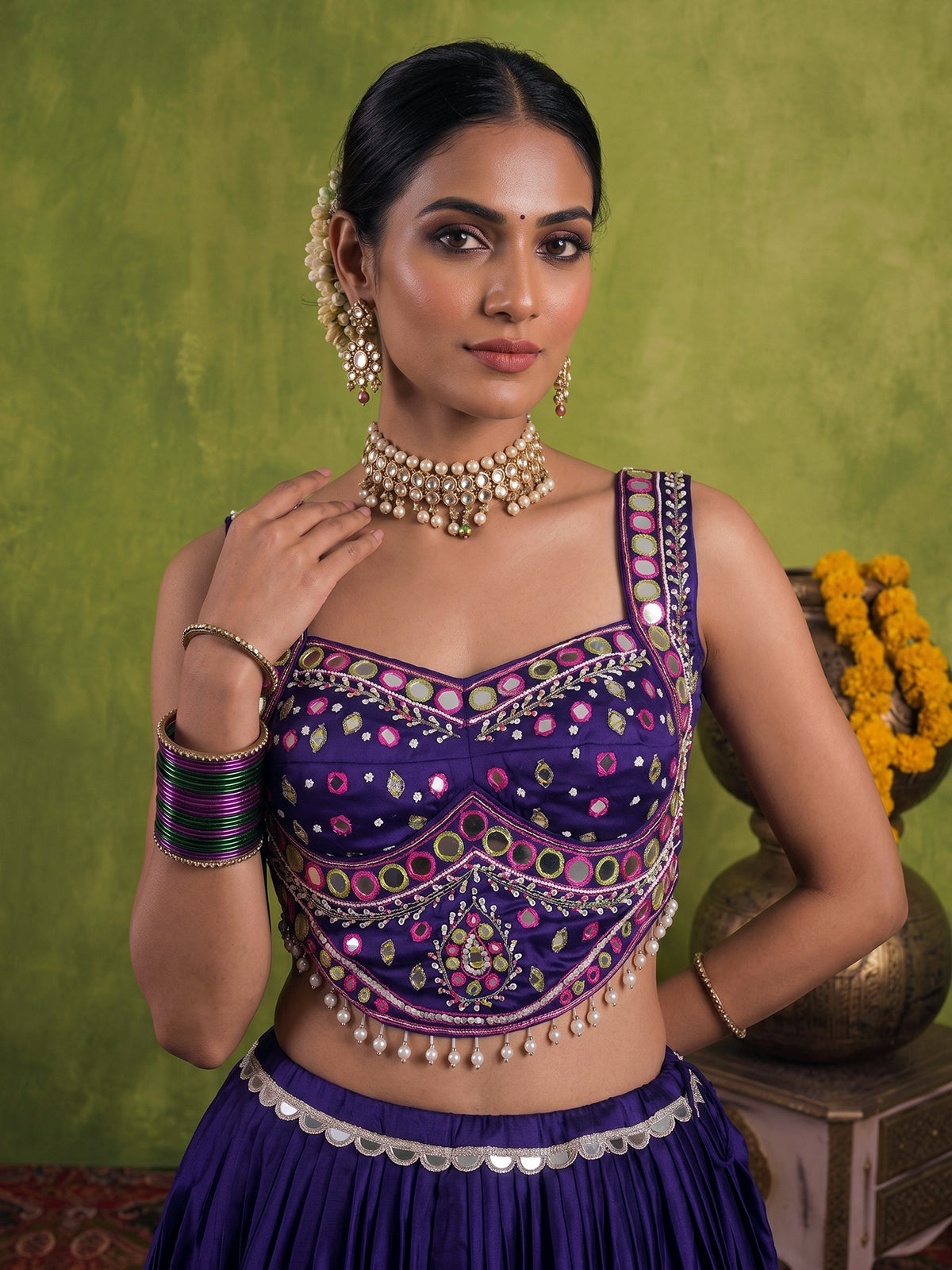 Deep purple cotton silk navratri lehenga choli with bandhani dupatta