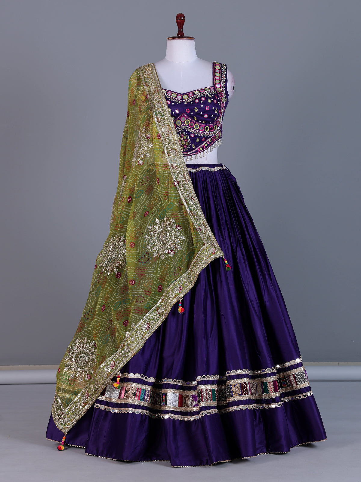 Deep purple cotton silk navratri lehenga choli with bandhani dupatta