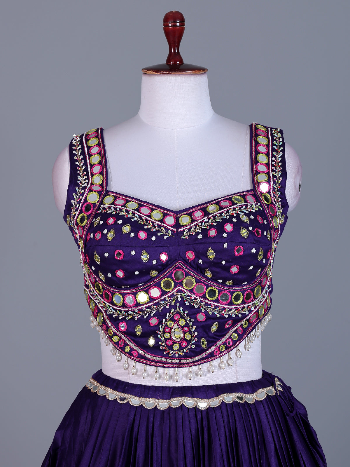 Deep purple cotton silk navratri lehenga choli with bandhani dupatta