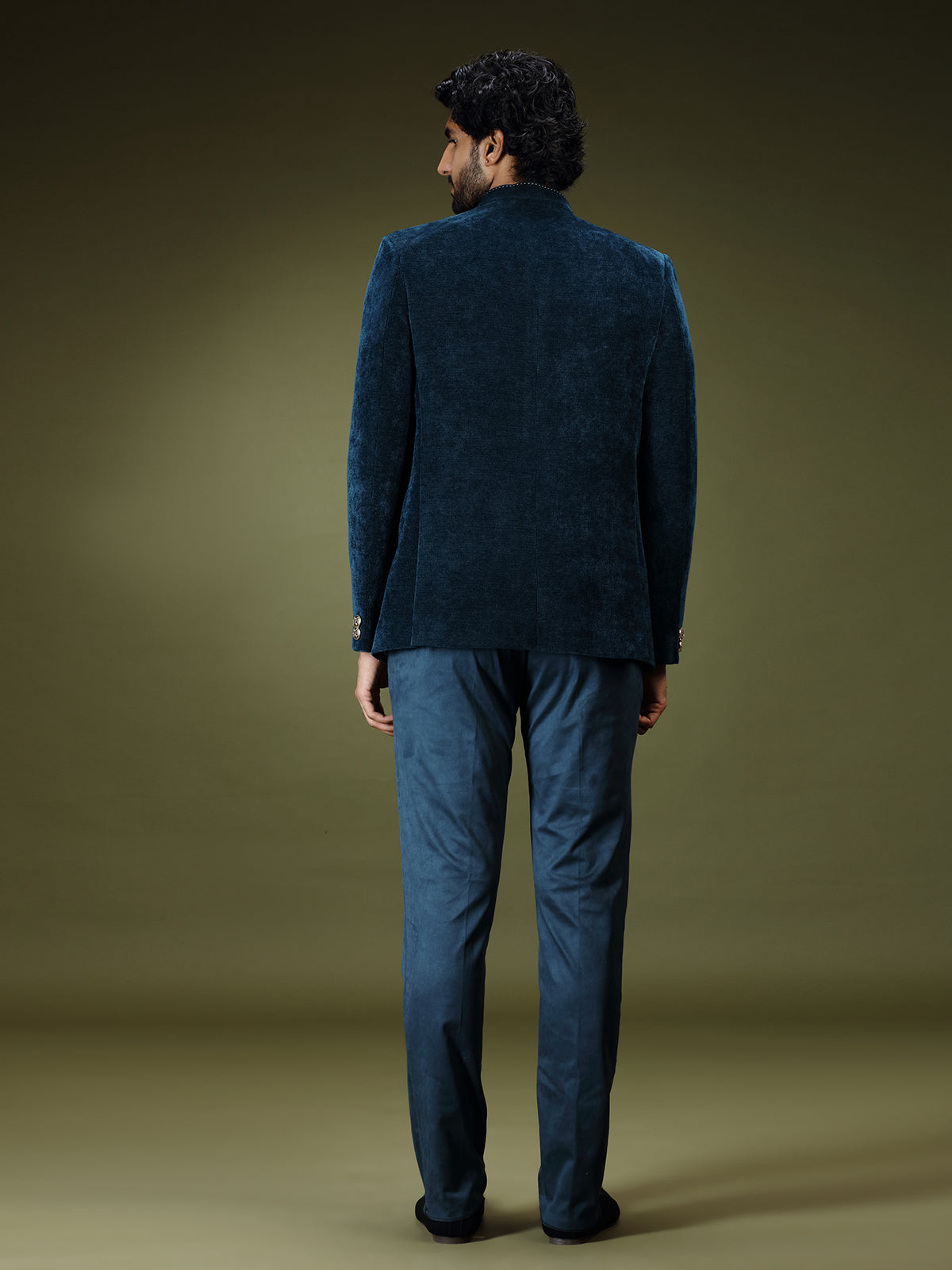 Teal blue royal velvet embellished jodhpuri suit