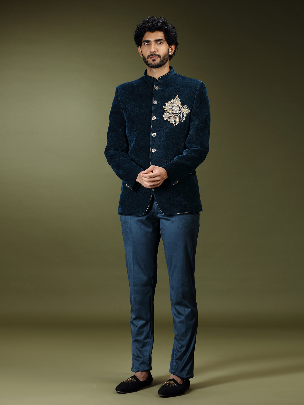 Teal blue royal velvet embellished jodhpuri suit