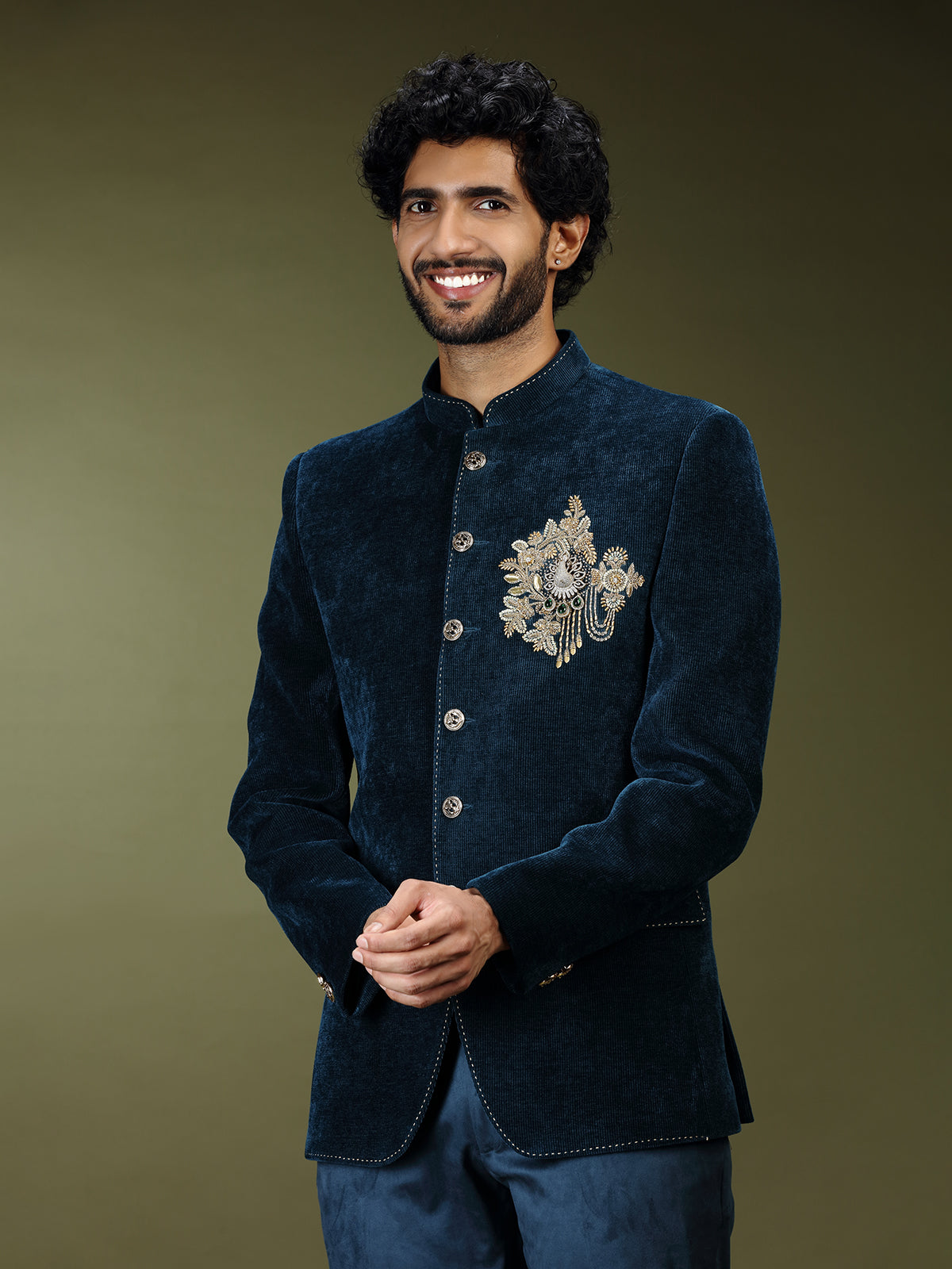 Teal blue royal velvet embellished jodhpuri suit