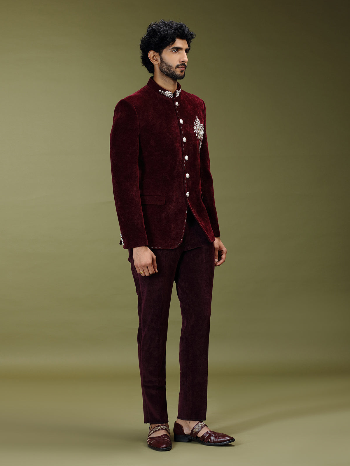 Maroon opulent velvet embroidered premium jodhpuri suit