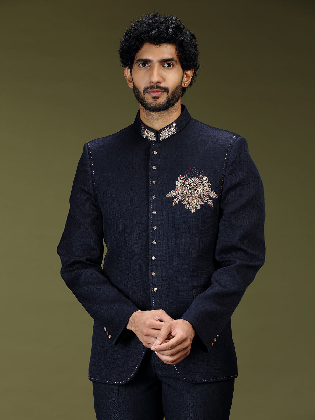 Navy blue regal crystal embellished luxury jodhpuri suit