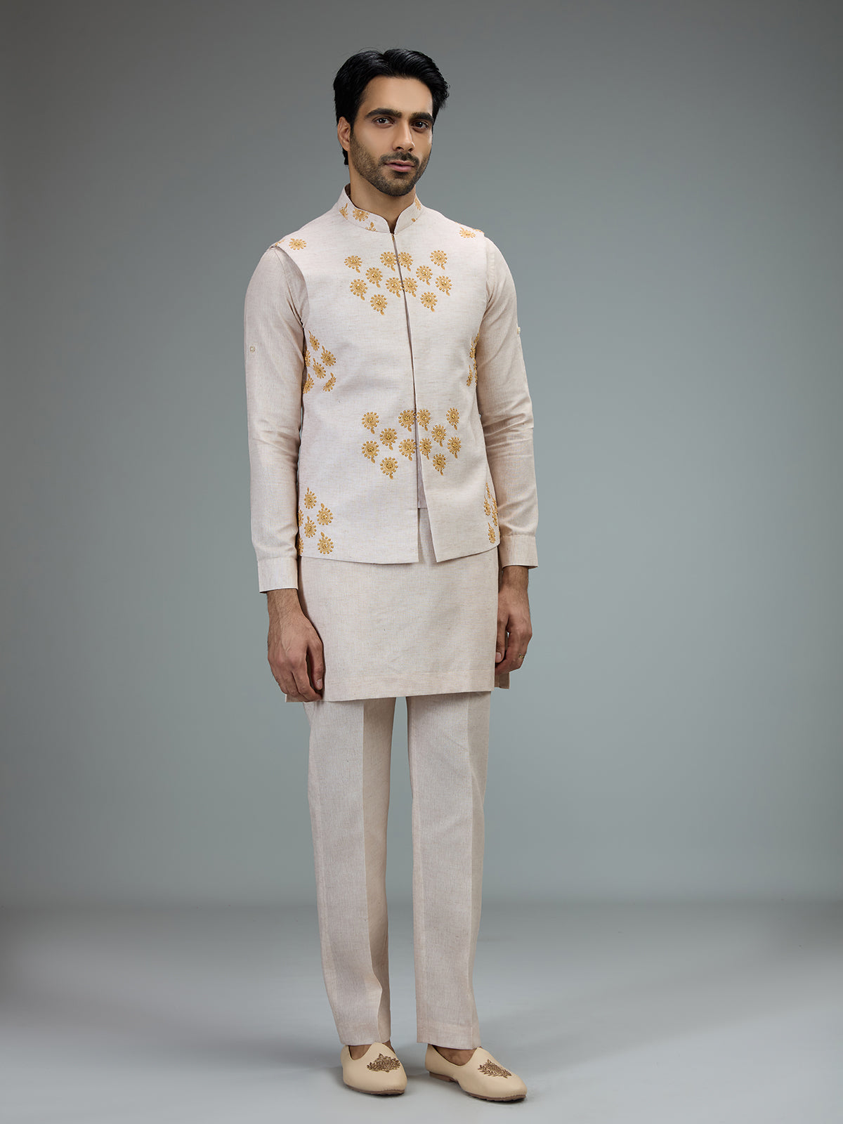 Cream embroidered mens waistcoat set