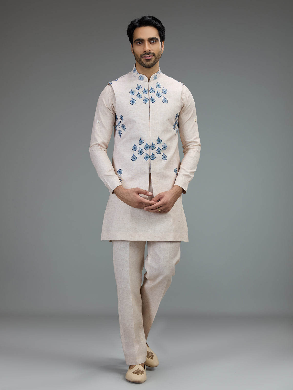 Cream floral mens waistcoat set