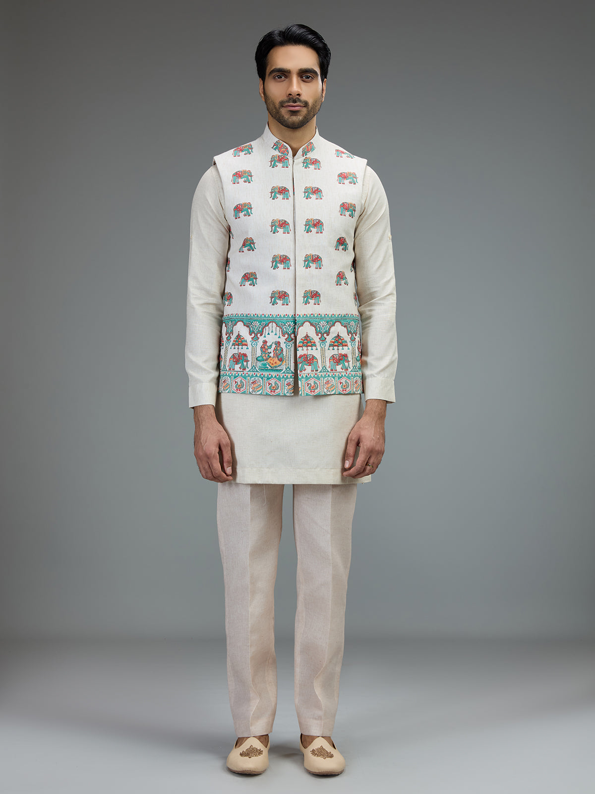 Off white royal print mens waistcoat set