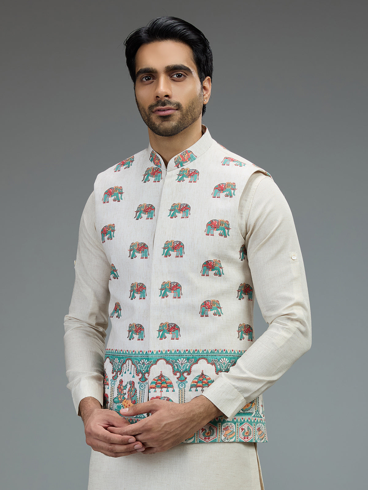 Off white royal print mens waistcoat set