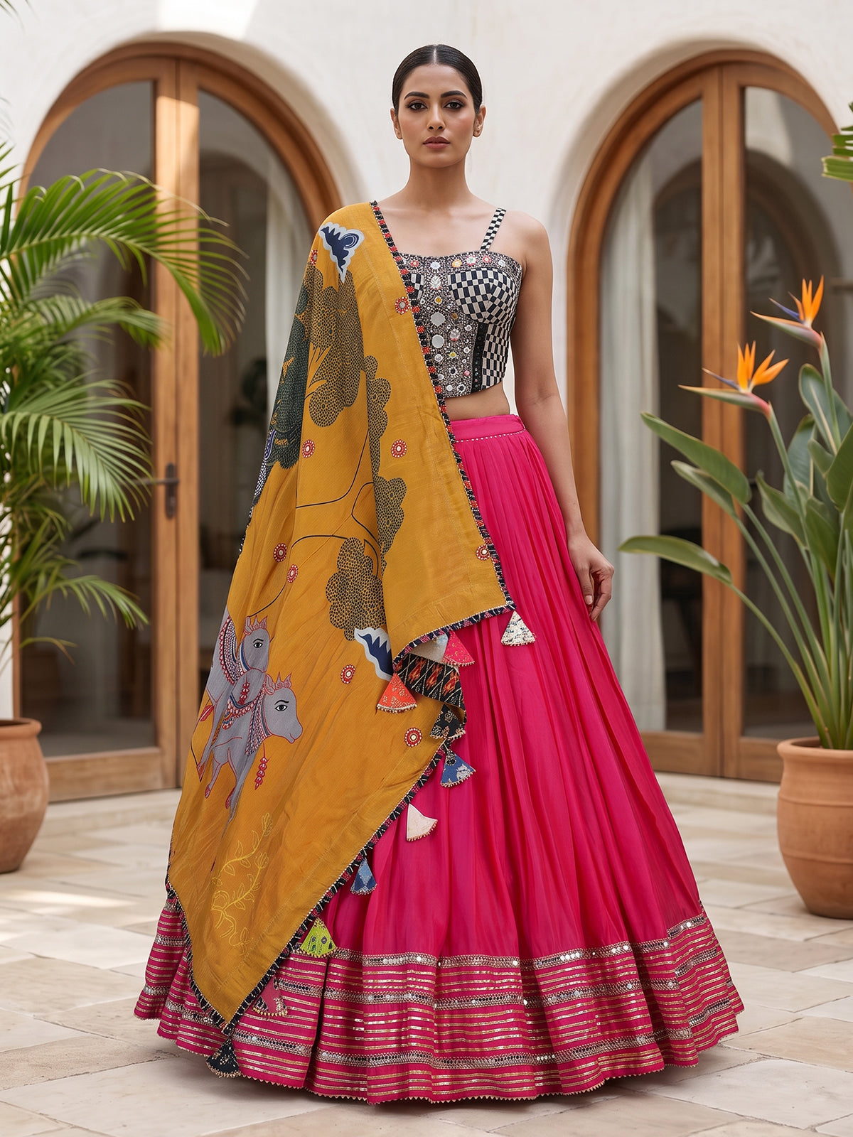 Pink folk art cotton silk navratri wear lehenga choli