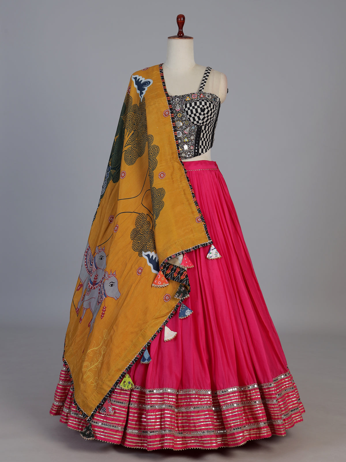 Pink folk art cotton silk navratri wear lehenga choli