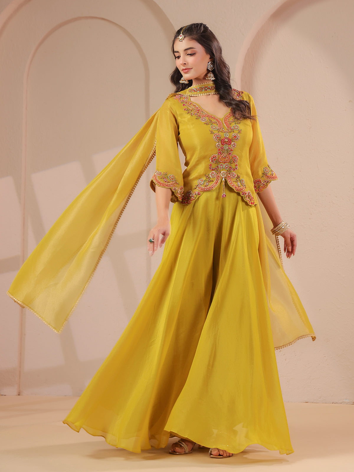 Yellow scallop work top with draped dupatta and palazzo