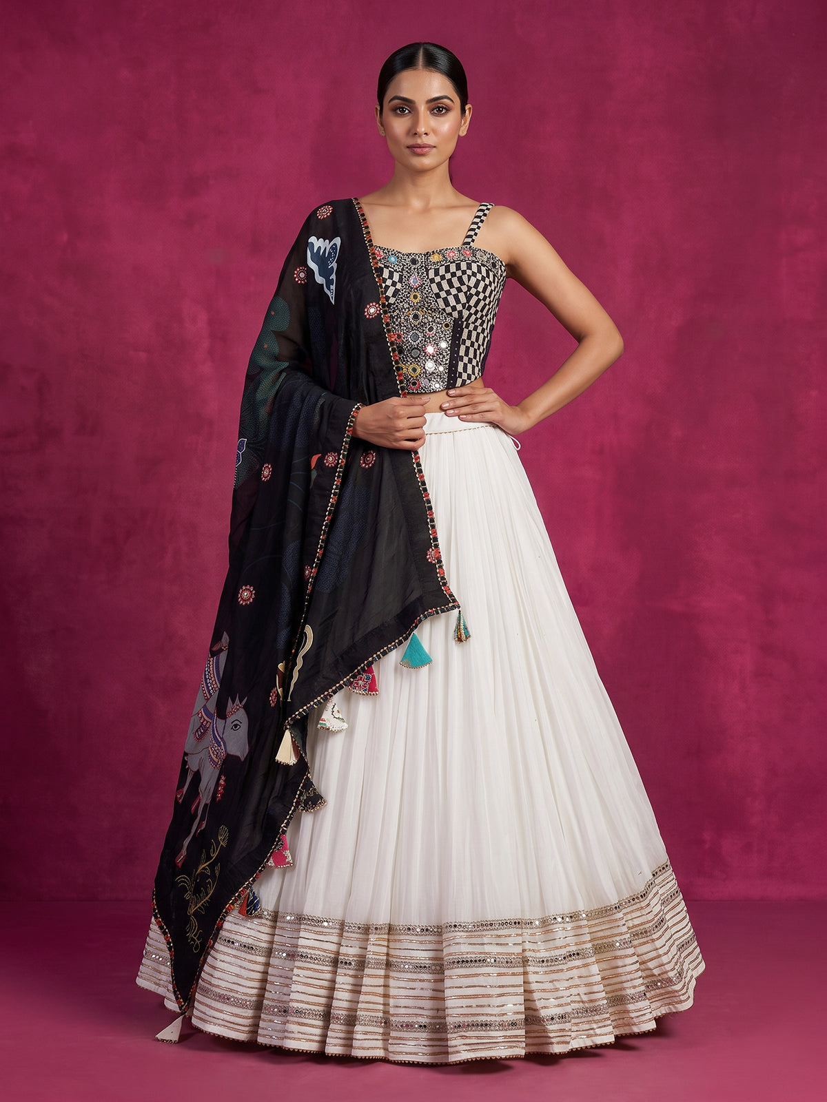 White kutchi mirror cotton silk navratri wear lehenga choli