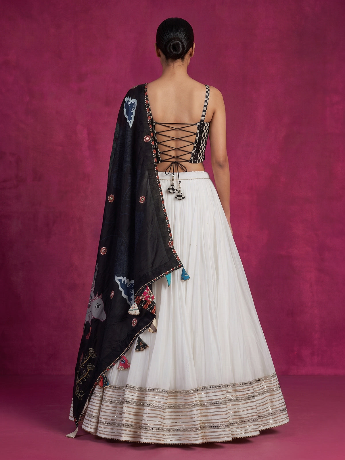 White kutchi mirror cotton silk navratri wear lehenga choli