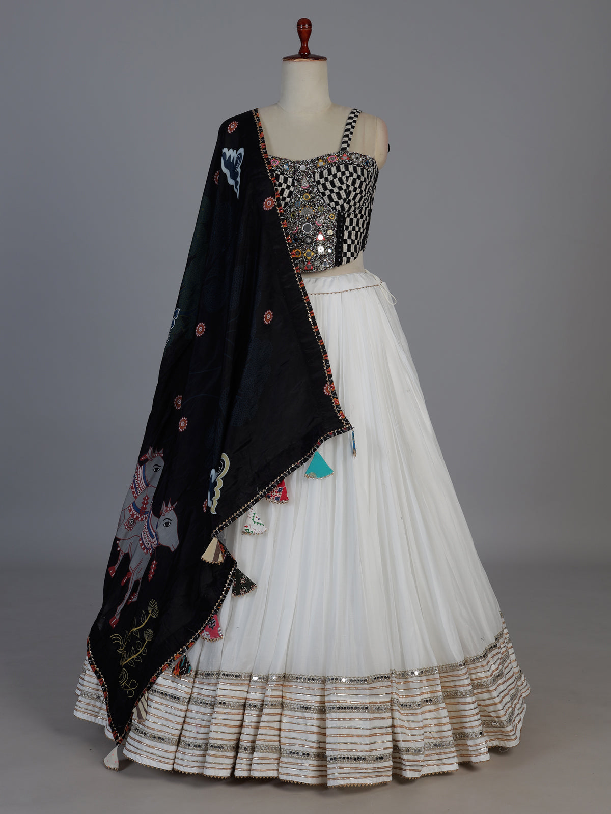 White kutchi mirror cotton silk navratri wear lehenga choli