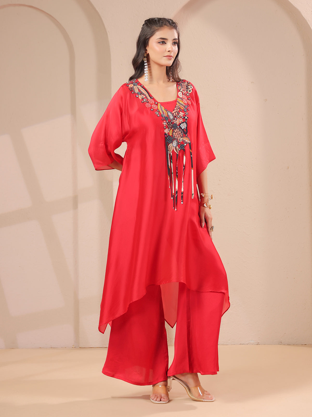 Red handwork aline kurta with inner and palazzo
