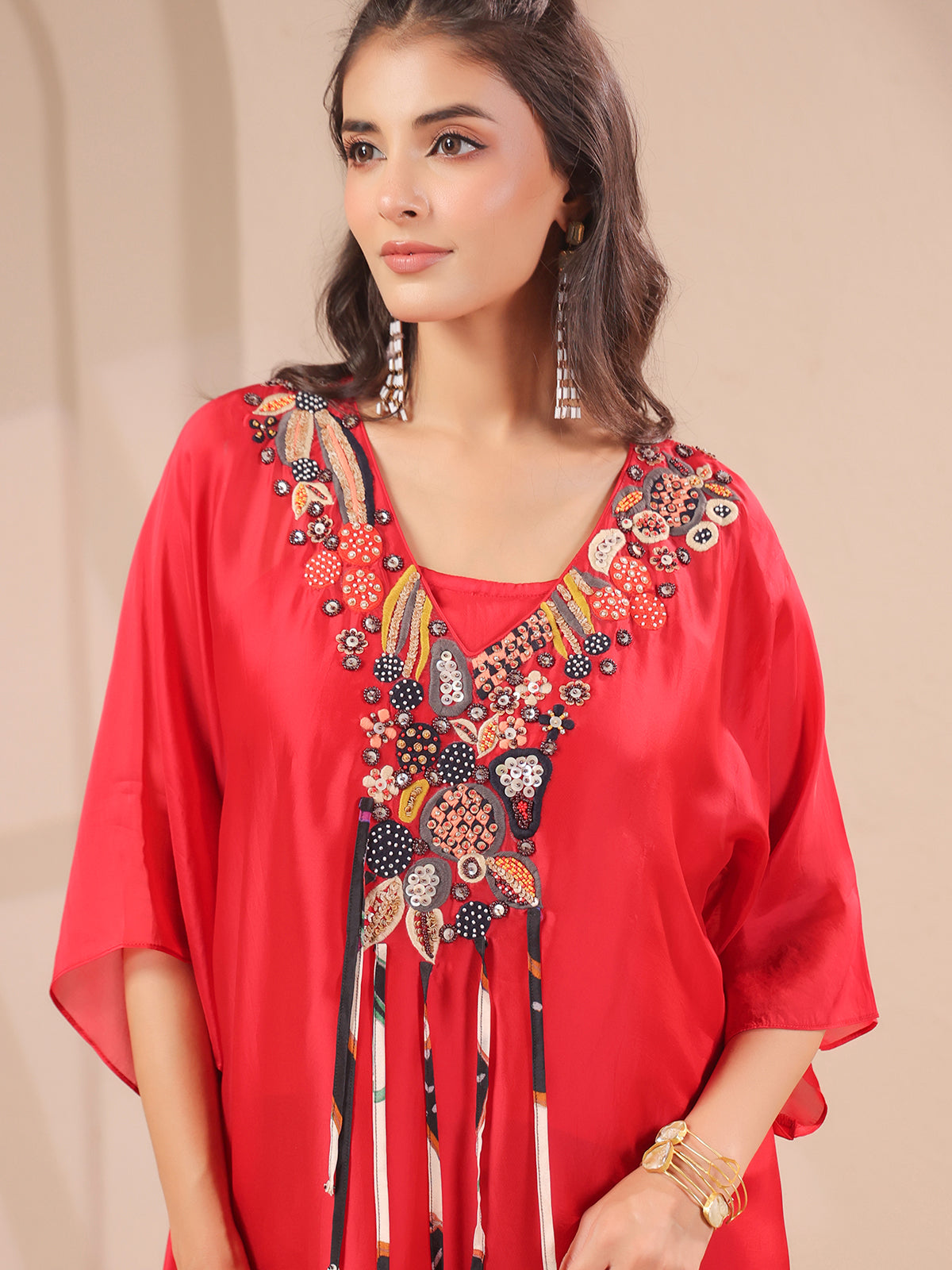 Red handwork aline kurta with inner and palazzo