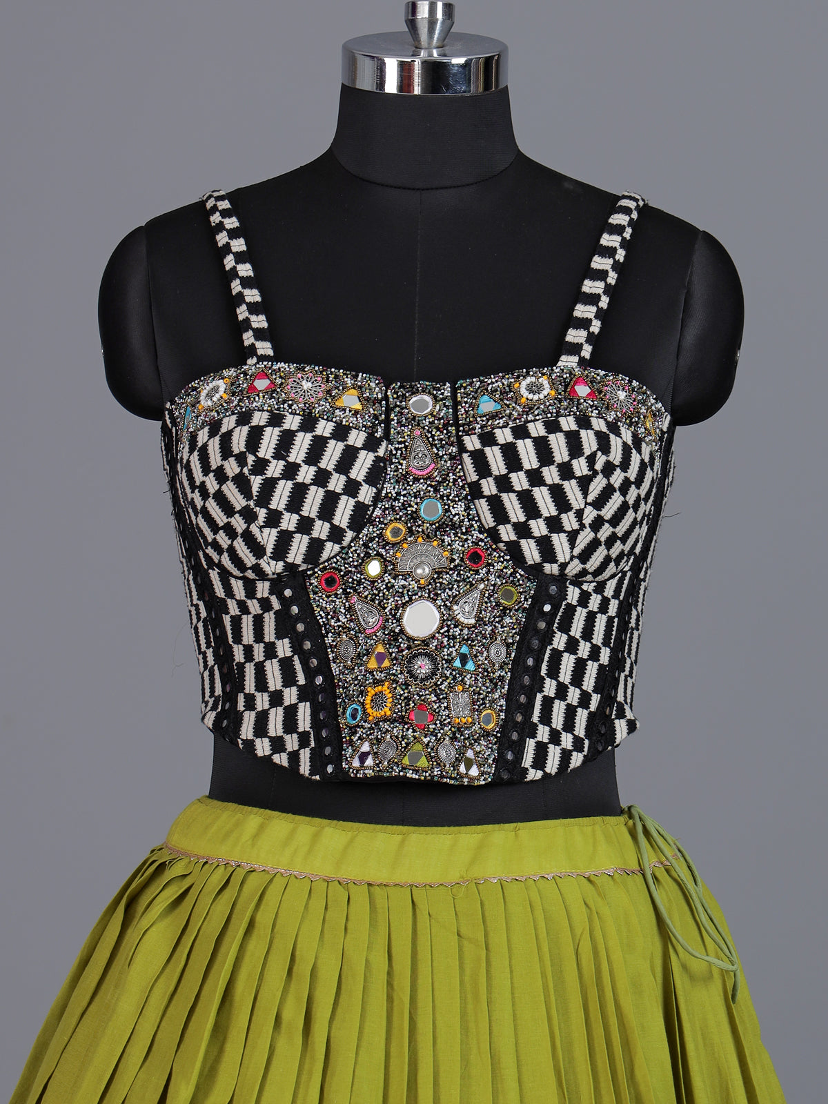 Parrot green pure silk blend lehenga choli with mirror work