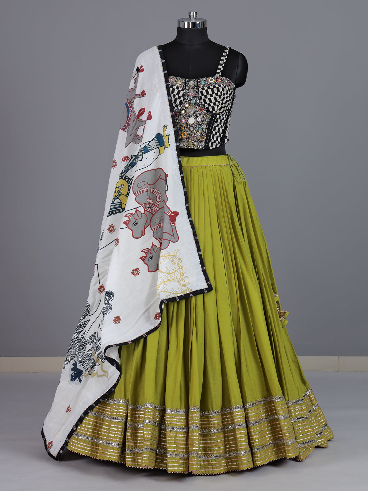 Parrot green pure silk blend lehenga choli with mirror work