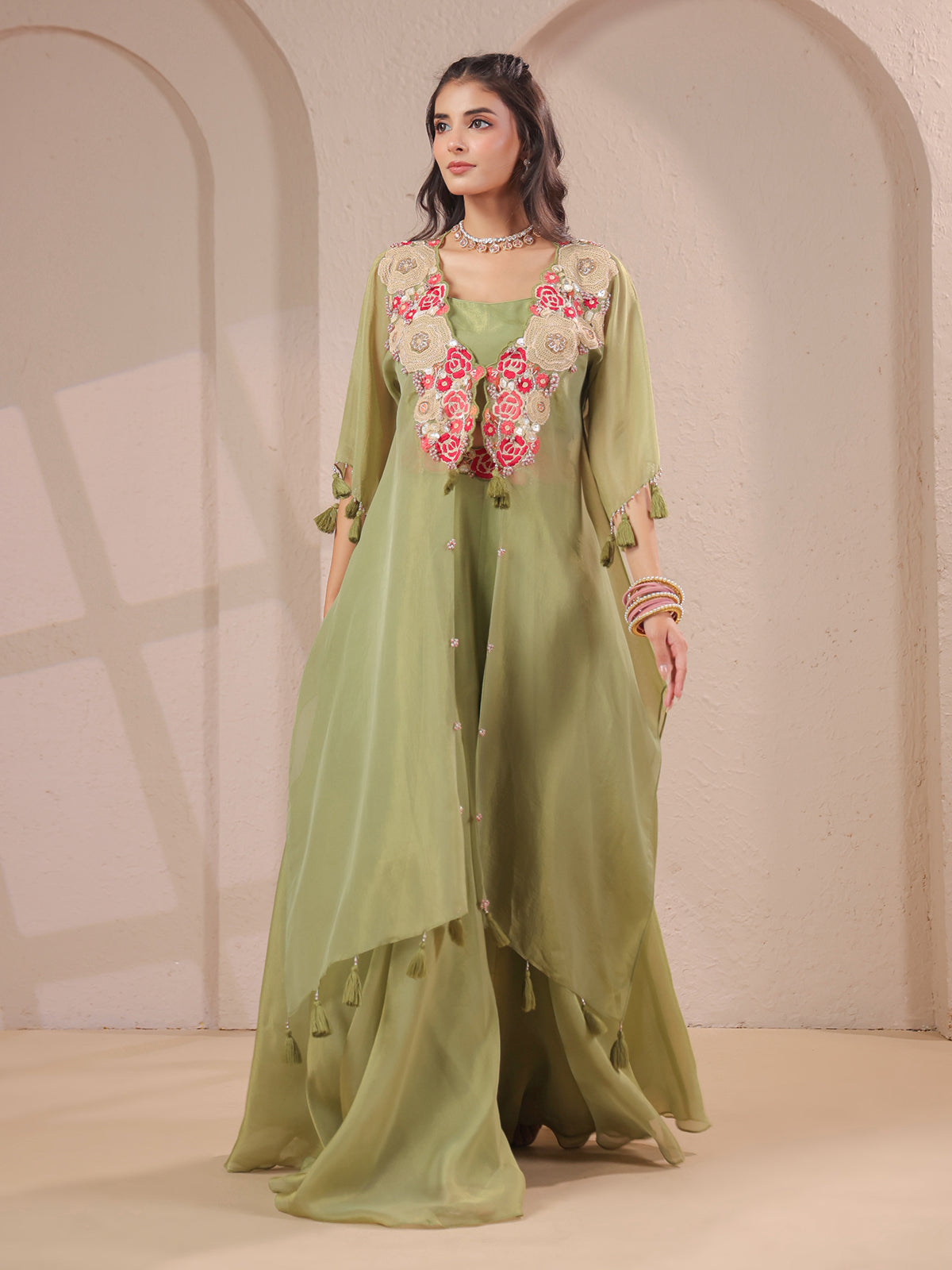 Pista green handwork kurta bustier and designer palazzo set