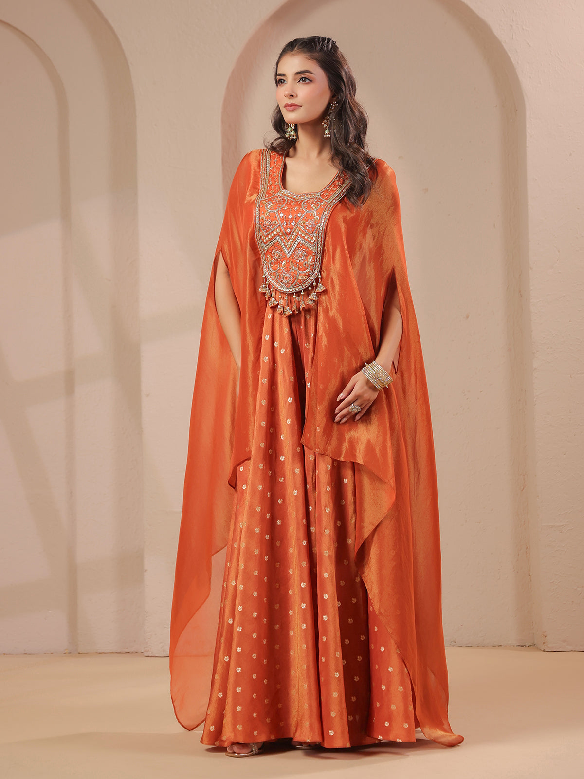 Rust orange handwork bodice flared top with banarasi palazzo