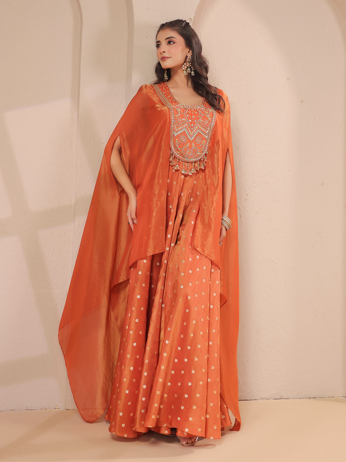 Rust orange handwork bodice flared top with banarasi palazzo