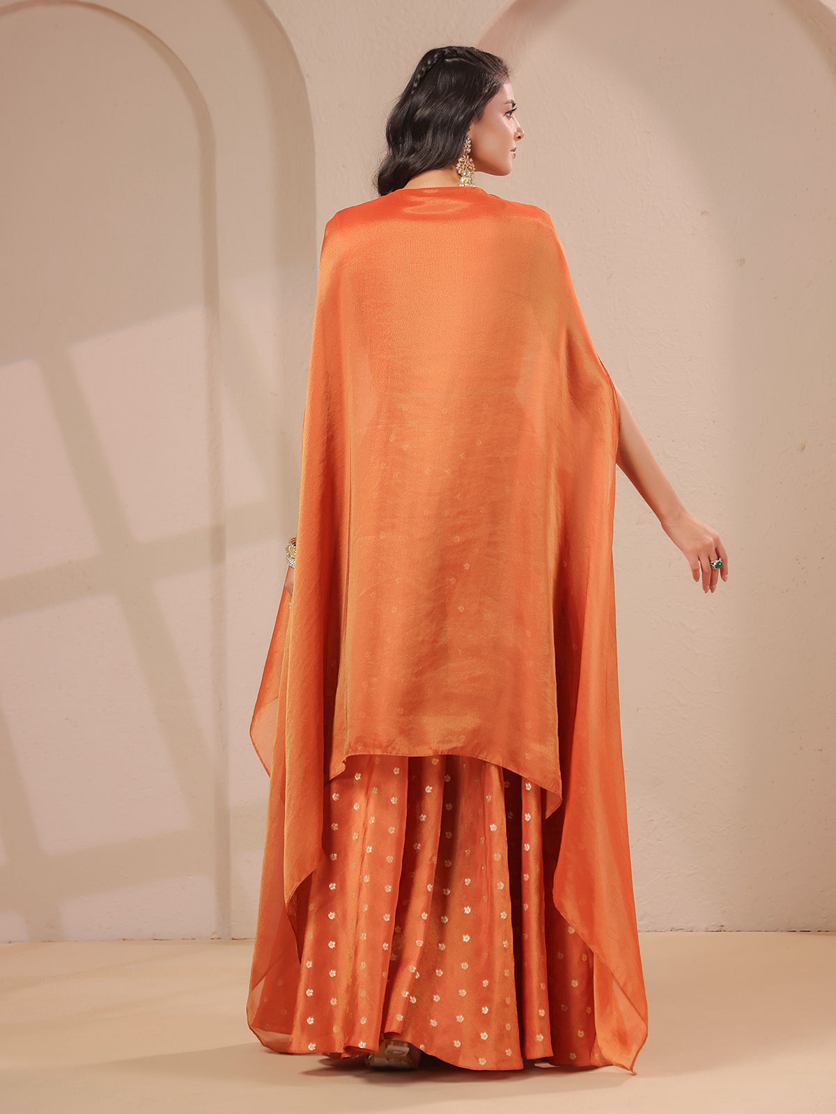 Rust orange handwork bodice flared top with banarasi palazzo