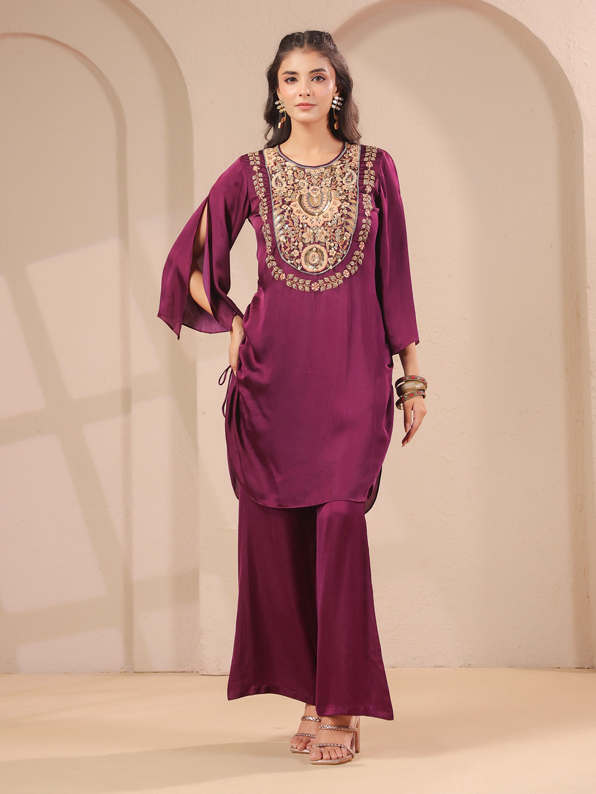 Purple handwork designer kurta with elegant modal satin palazzo