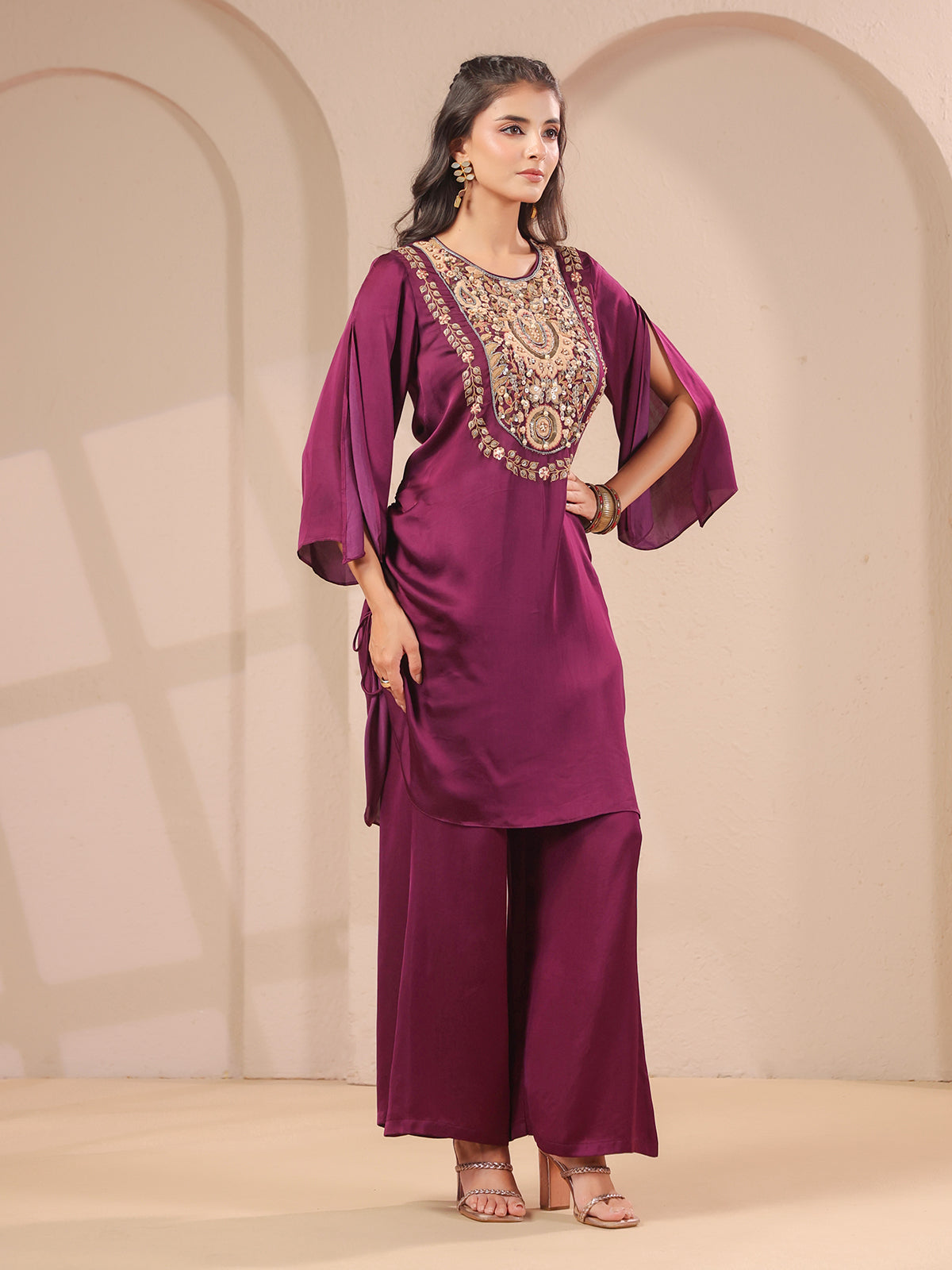 Purple handwork designer kurta with elegant modal satin palazzo