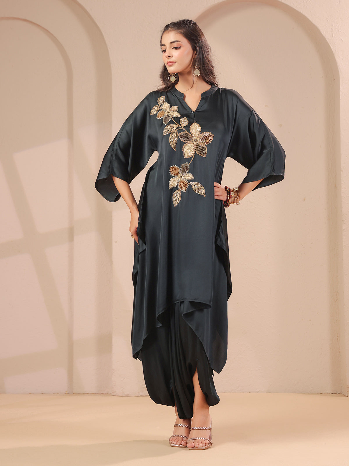 Charcoal black hi-lo handwork kurti with designer dhoti pants