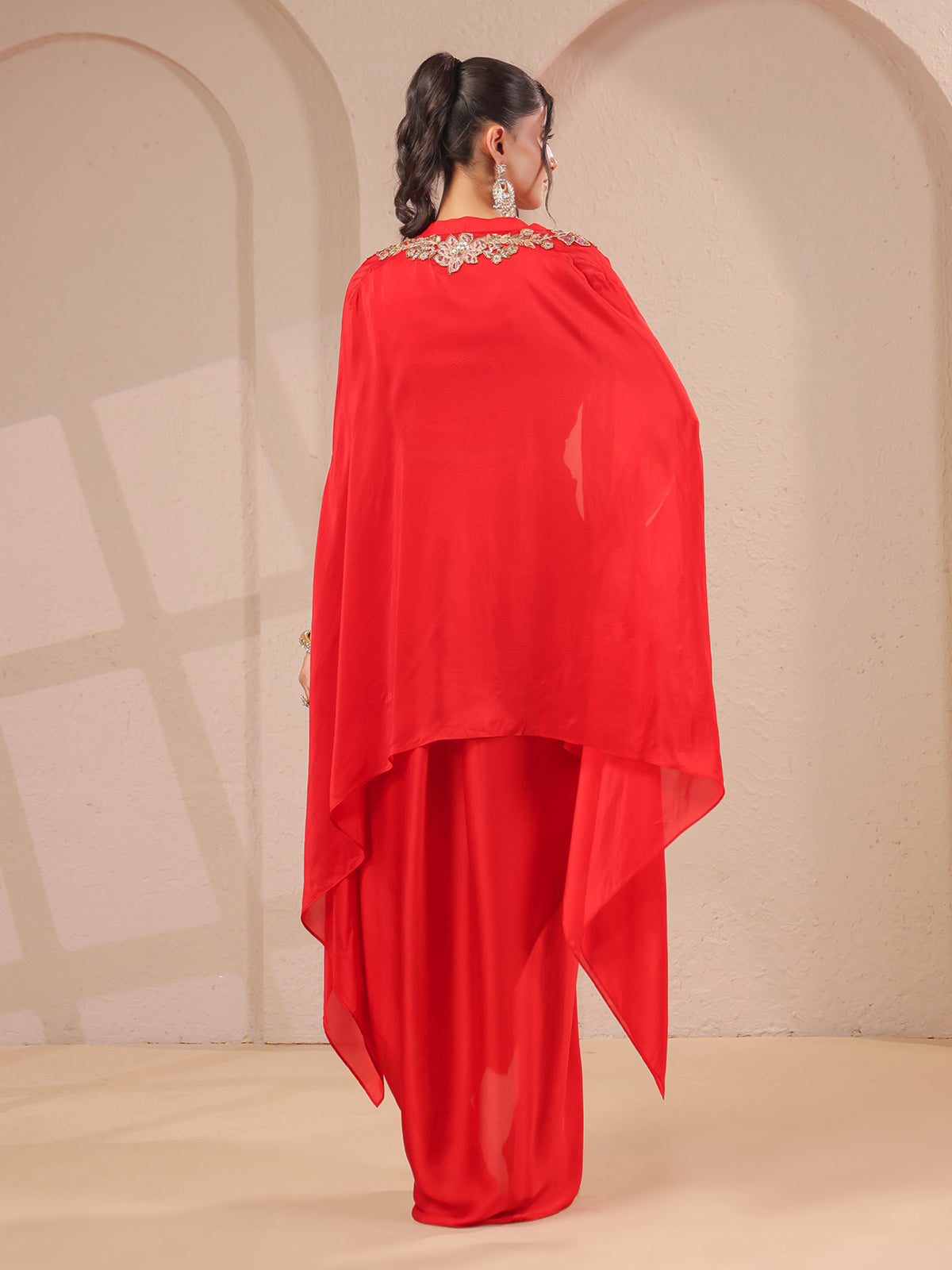 Red work overlay bustier with designer long shrug indowestern