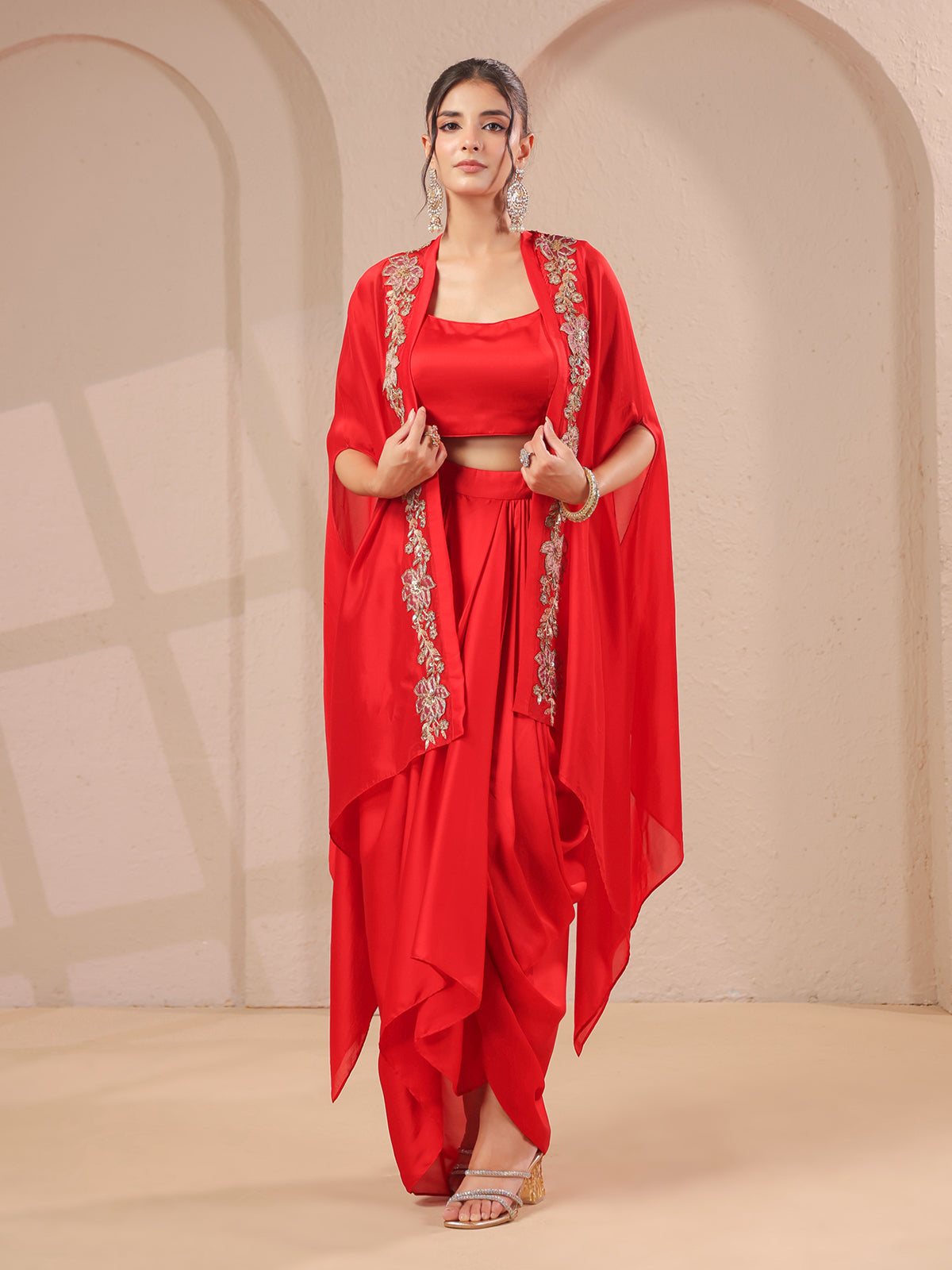Red work overlay bustier with designer long shrug indowestern