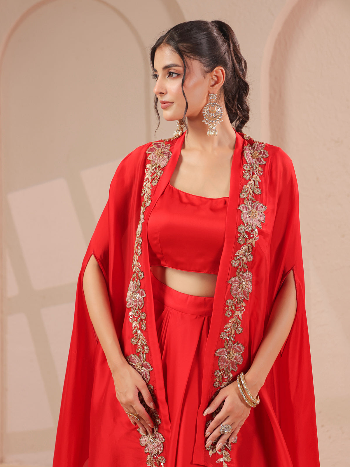 Red work overlay bustier with designer long shrug indowestern