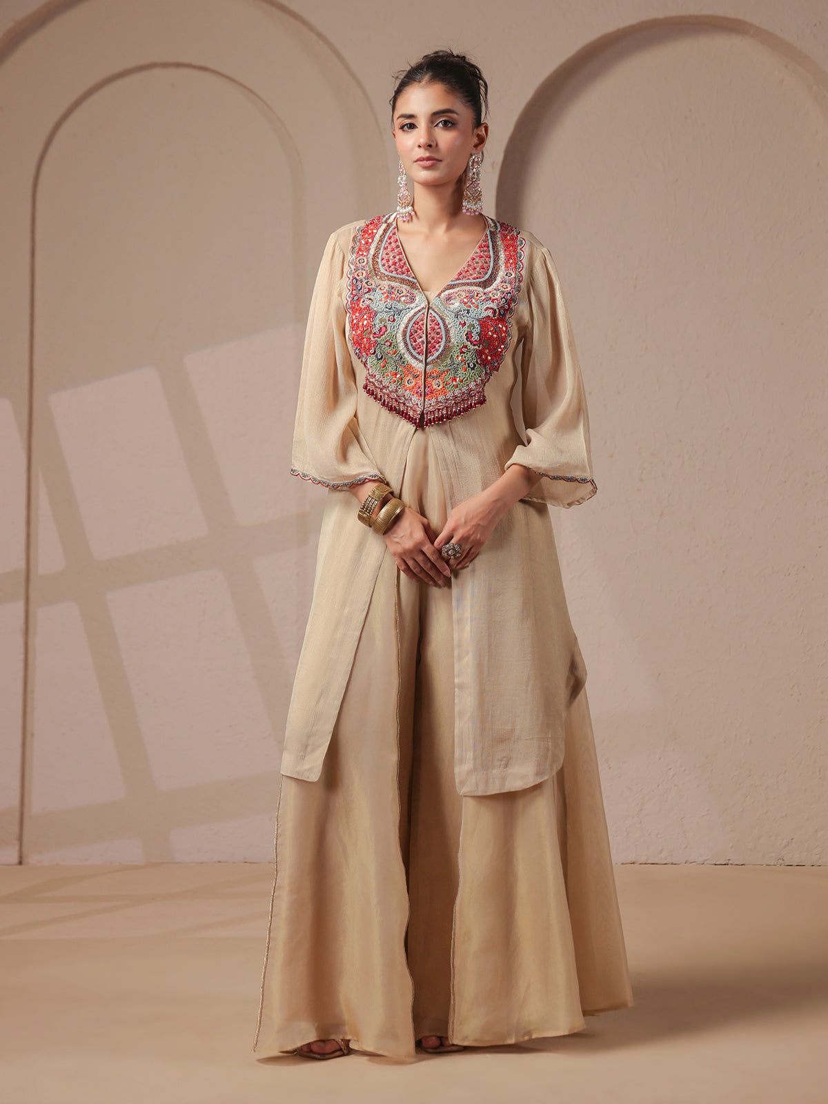Beige handwork kurta palazzo set with shimmering organza