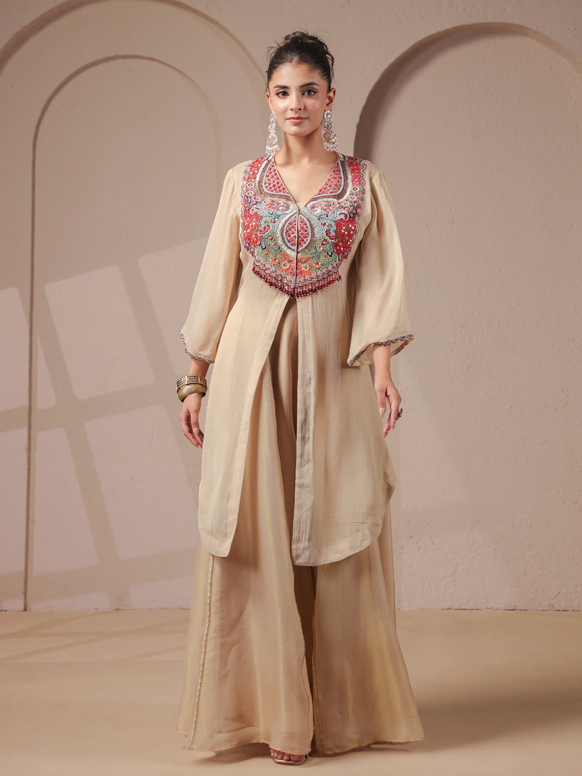 Beige handwork kurta palazzo set with shimmering organza