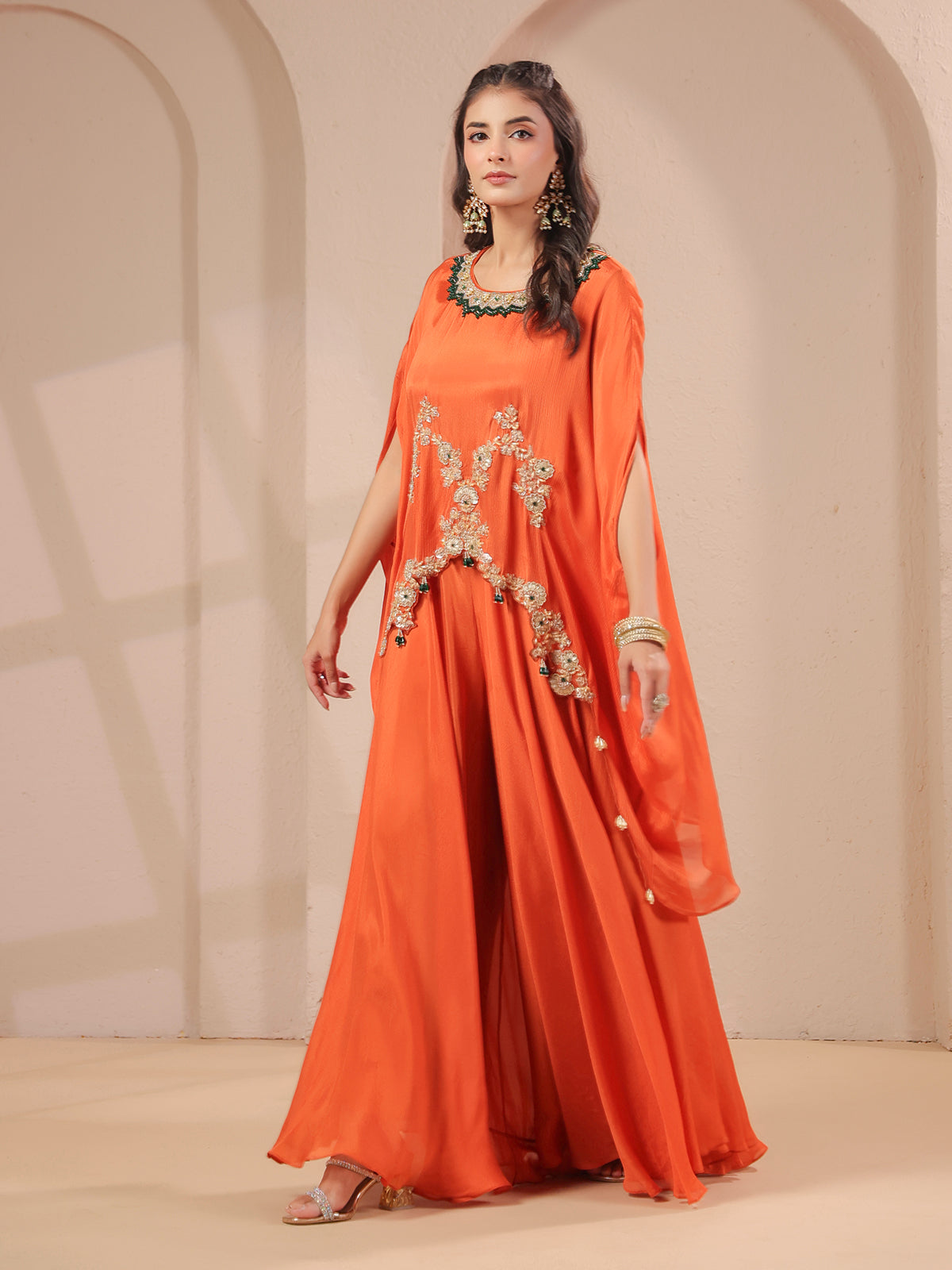 Orange handwork cape with designer palazzo festive ensemble