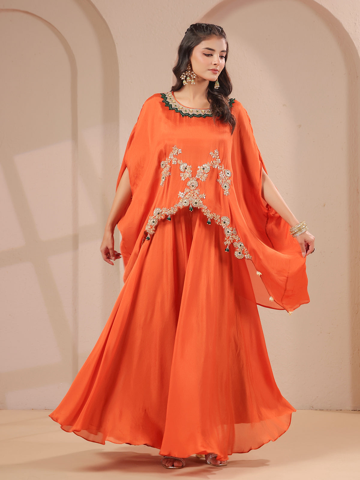 Orange handwork cape with designer palazzo festive ensemble