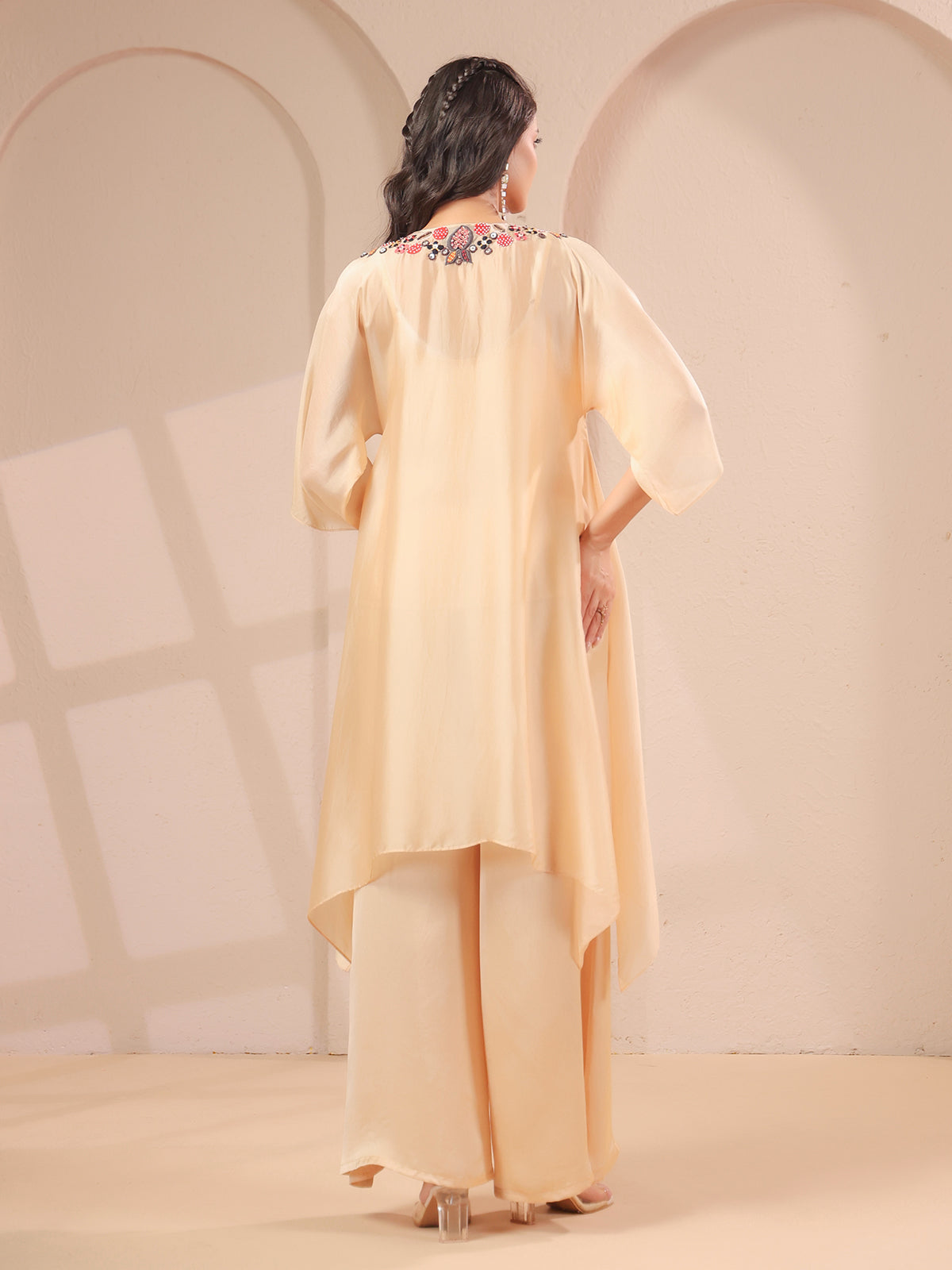 Cream A-line handwork kurta with inner and designer palazzo