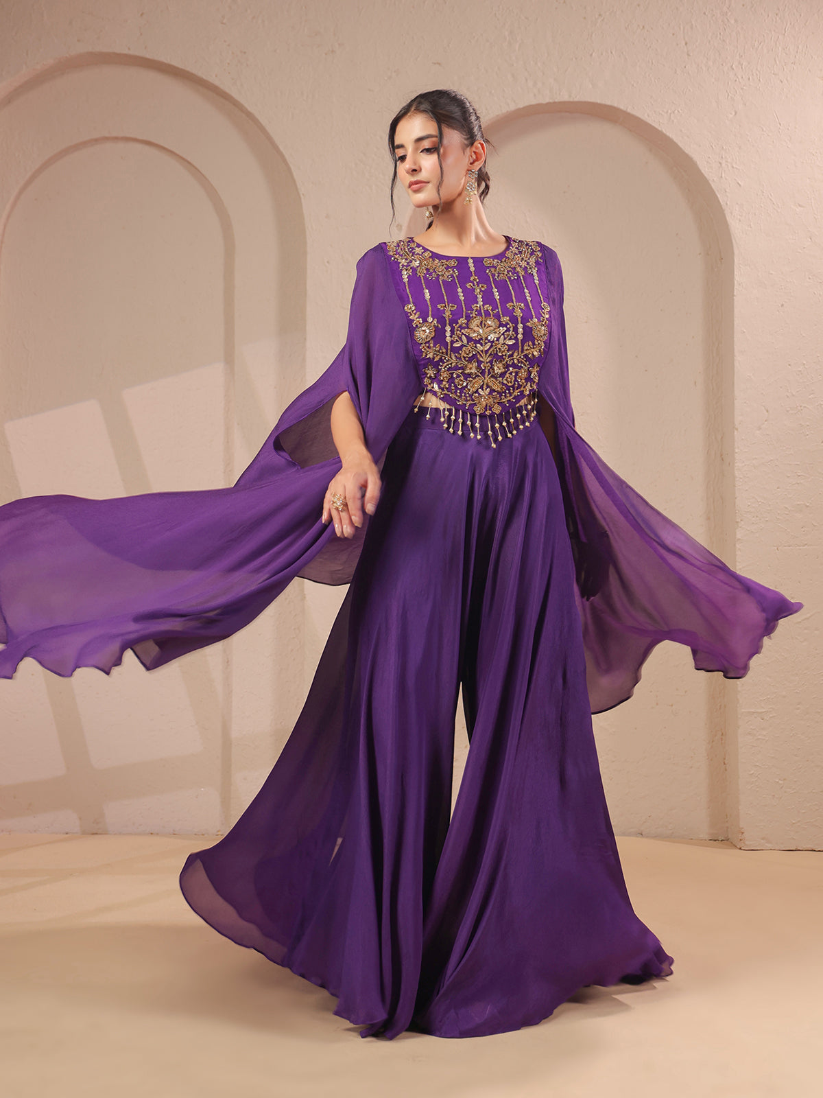 Purple handwork bodice flared top with elegant palazzo