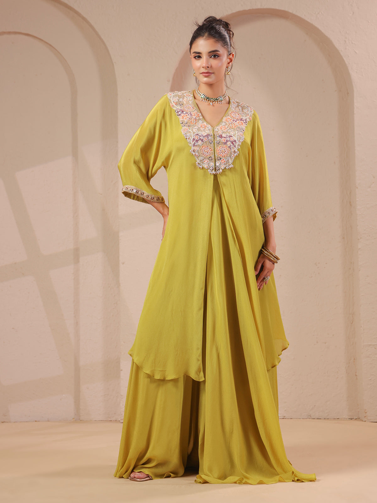 Mehendi yellow handwork kurta bustier with designer palazzo