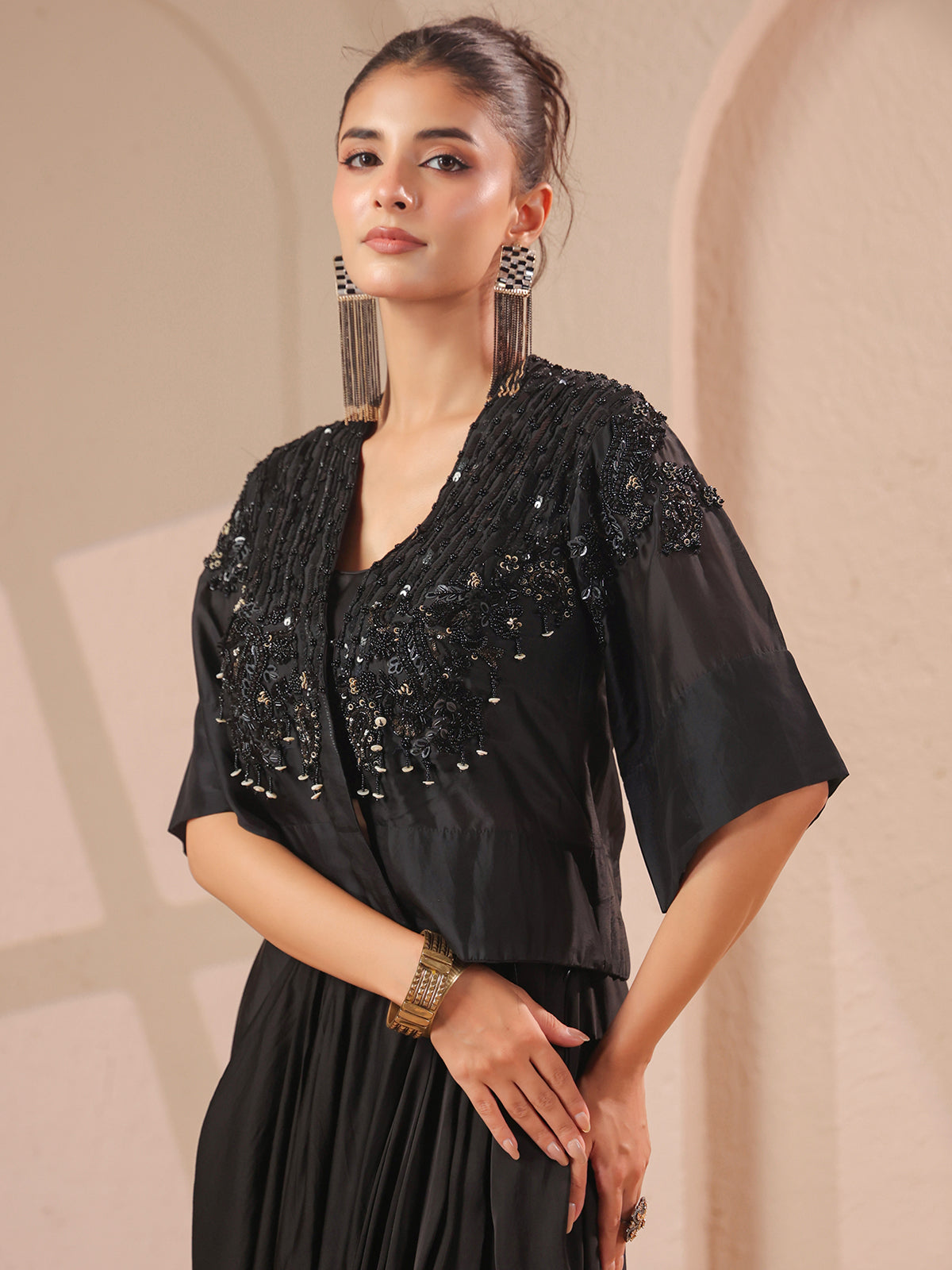 Black handwork jacket with bustier and designer indowestern