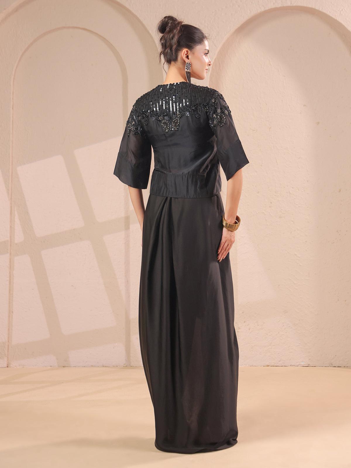 Black handwork jacket with bustier and designer indowestern