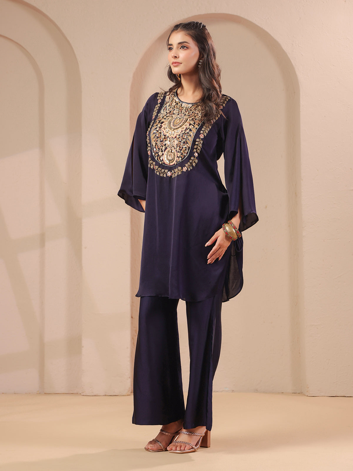 Purple handwork kurta with designer modal satin palazzo