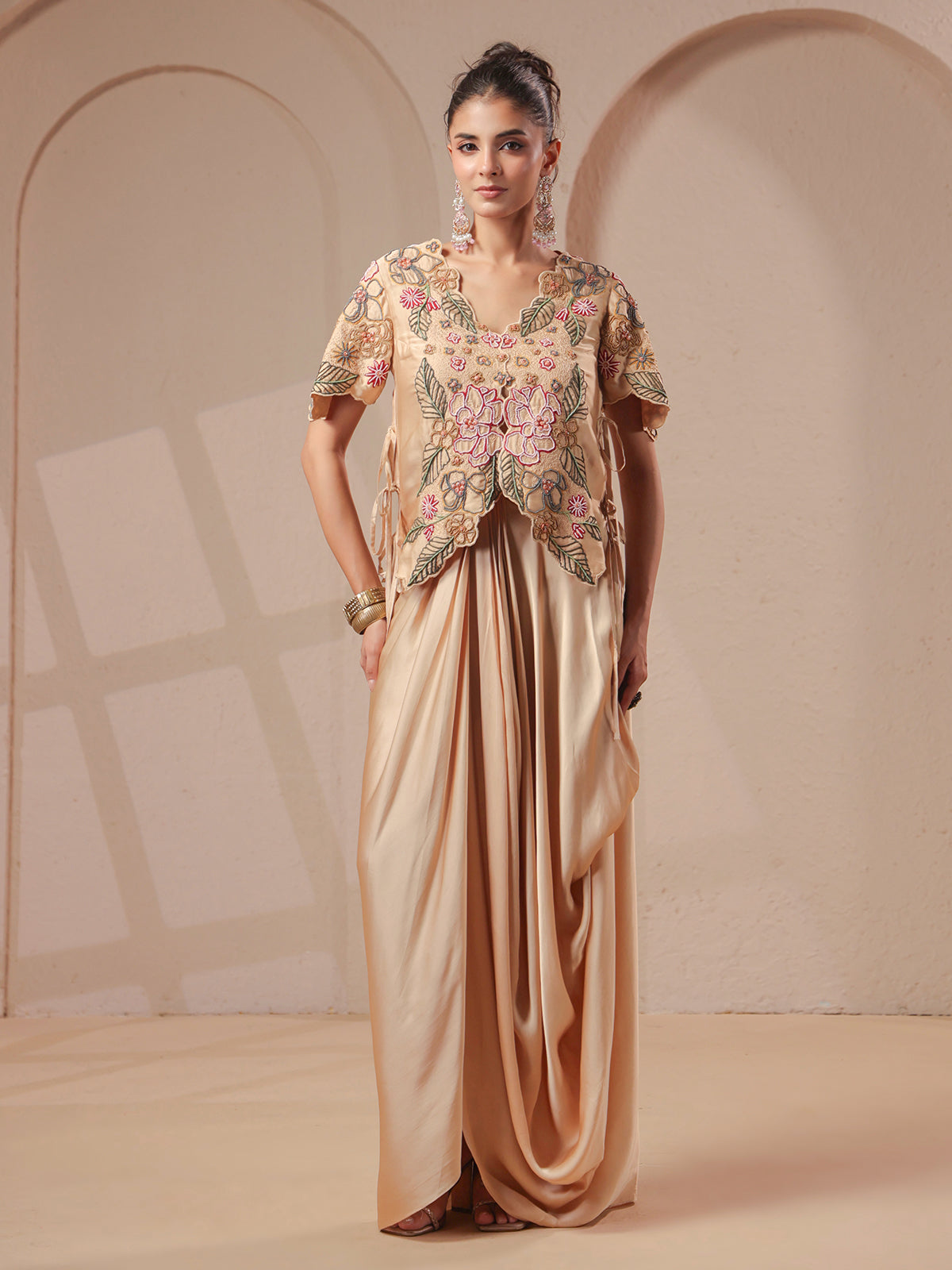 Cream rose-gold bustier handwork jacket with elegant indowestern