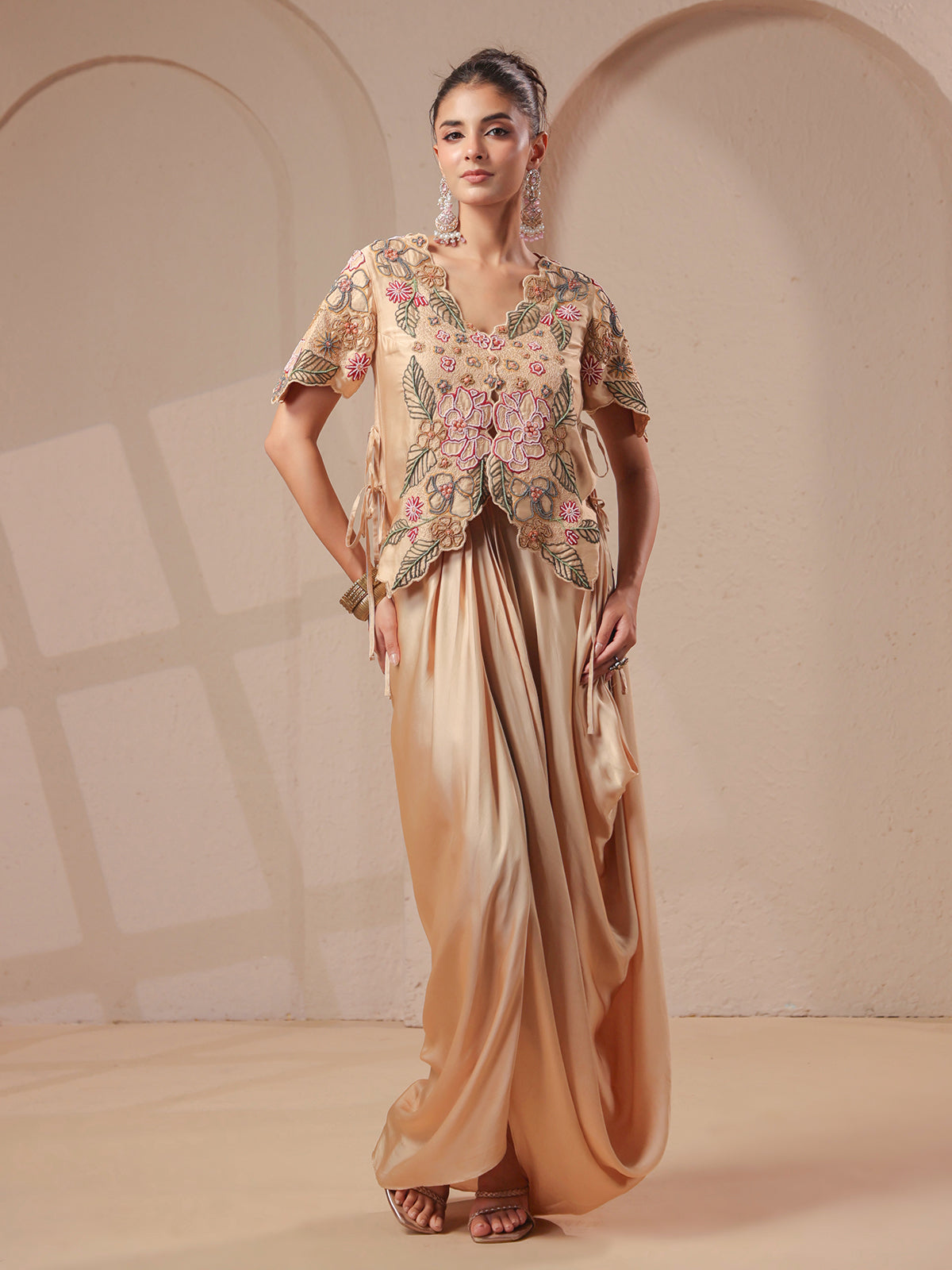 Cream rose-gold bustier handwork jacket with elegant indowestern