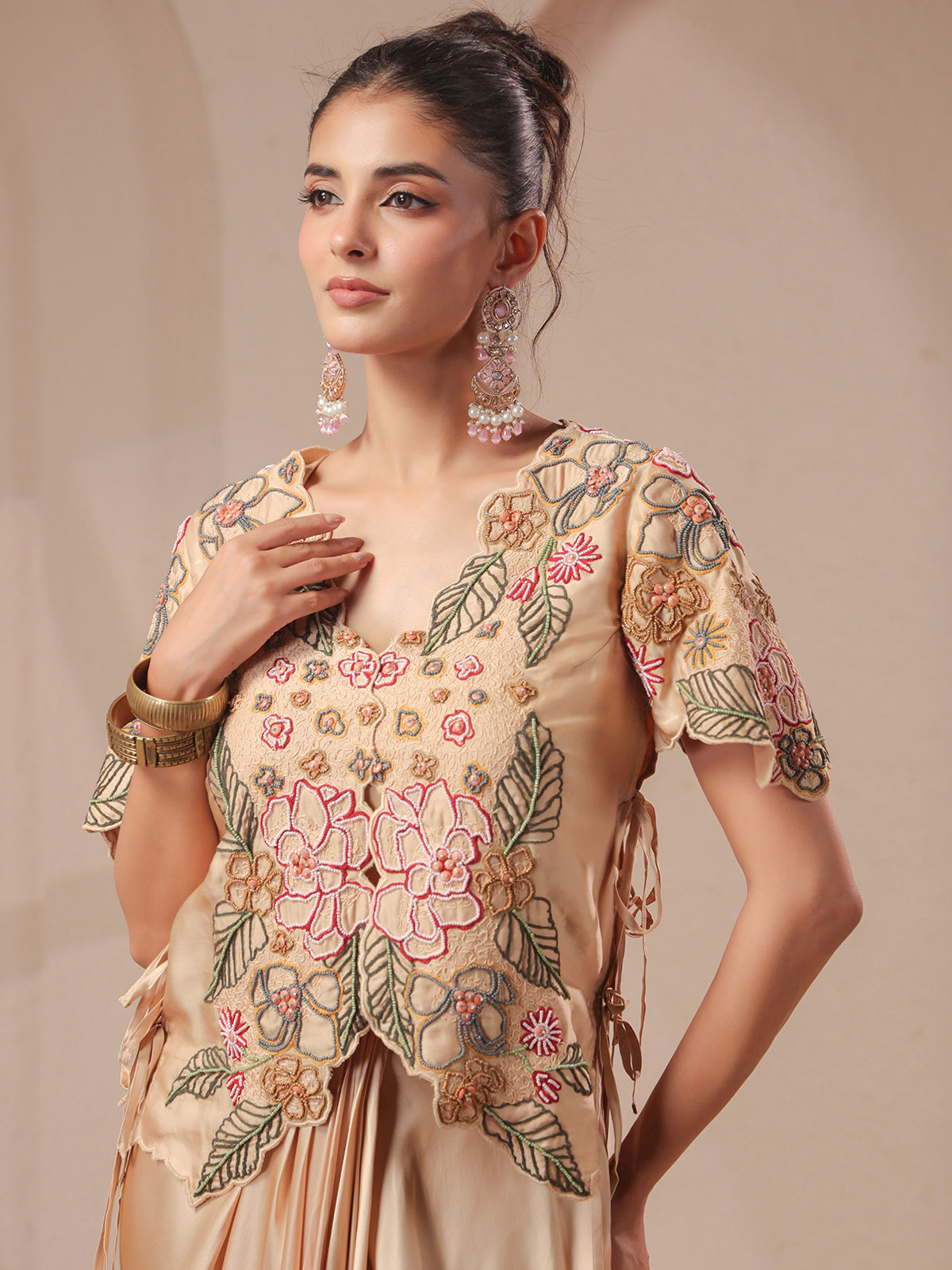 Cream rose-gold bustier handwork jacket with elegant indowestern