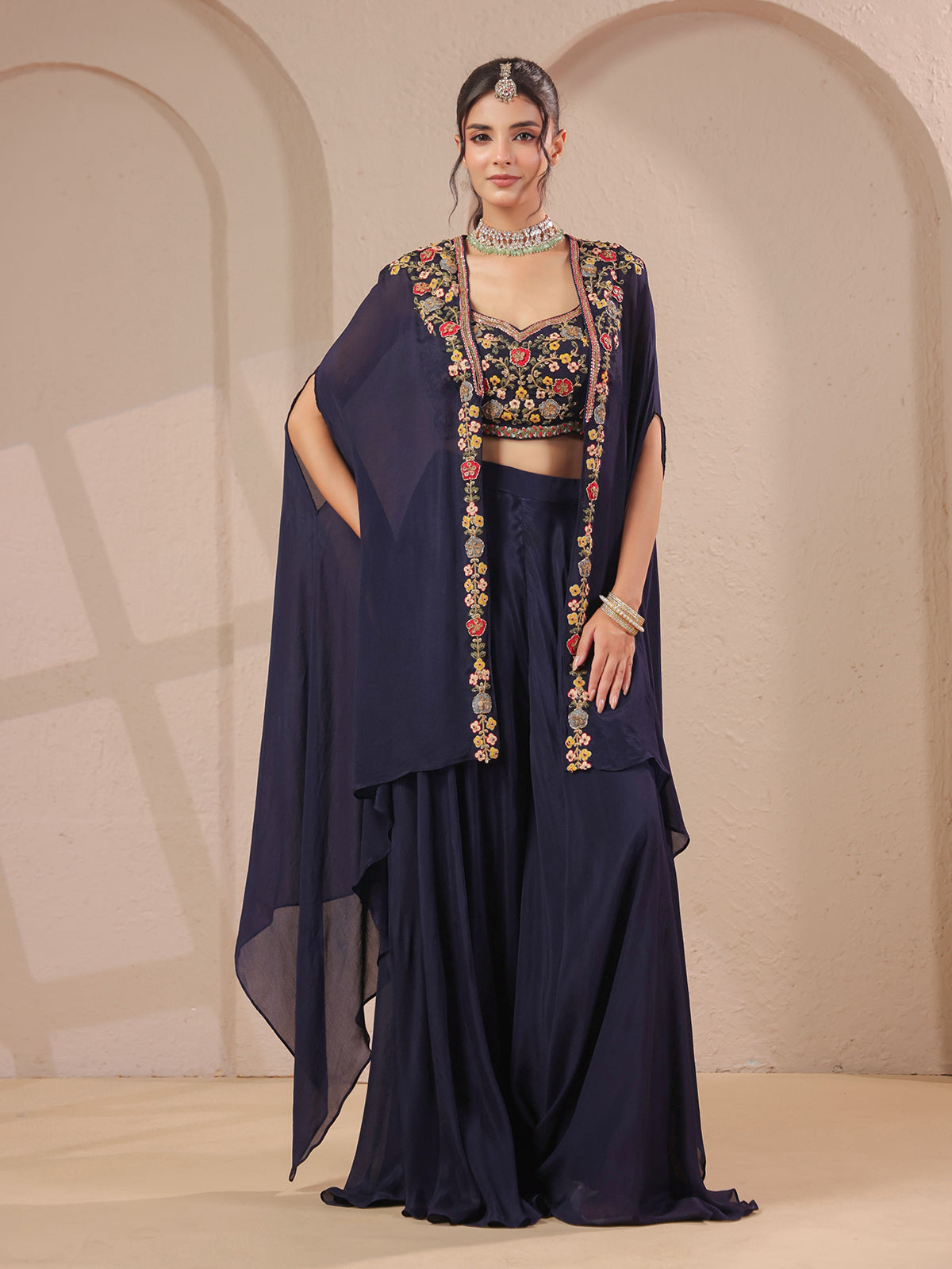 Navy handwork bustier overlay with designer jacket style palazzo