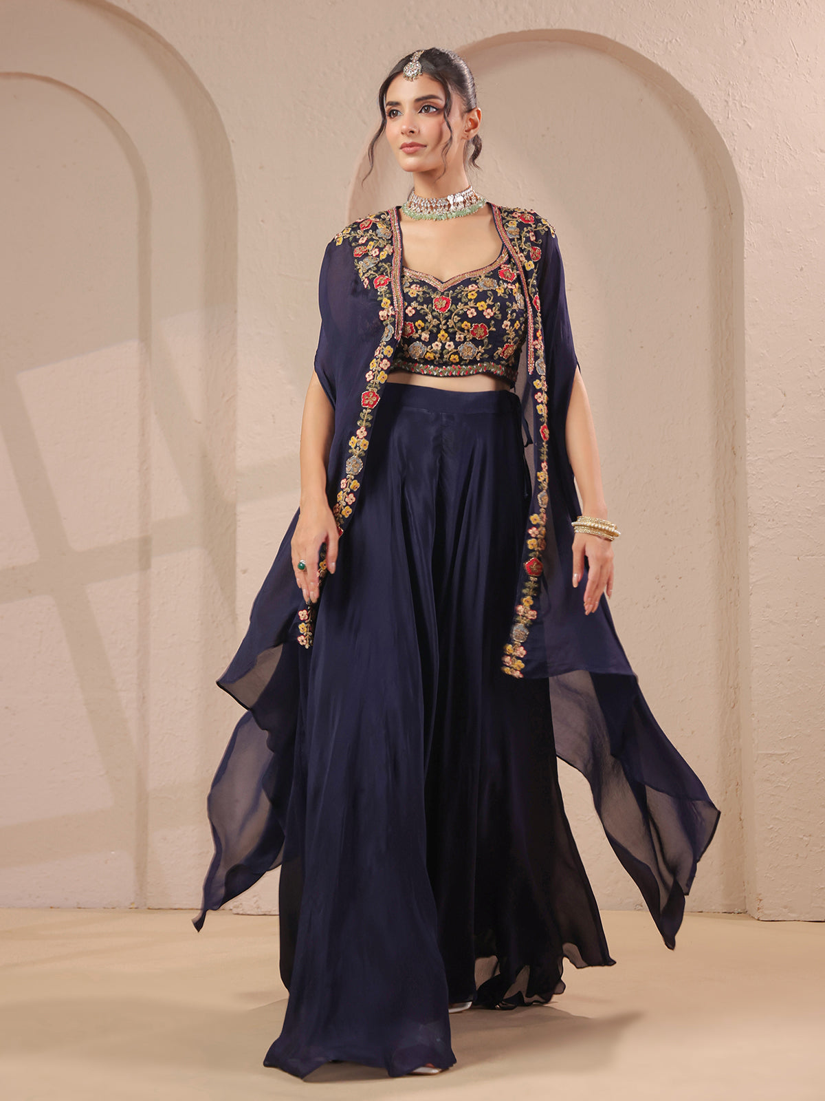 Navy handwork bustier overlay with designer jacket style palazzo