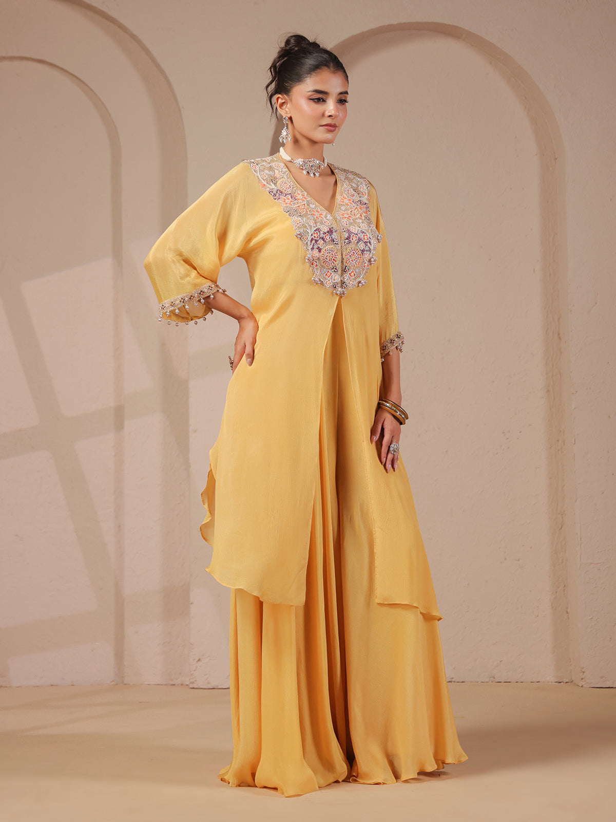 Light yellow handwork kurta bustier palazzo festive designer set